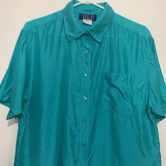 Vintage 90s H.E.R. 100% Silk Button Up Shirt Teal Blue Short Sleeve Medium - Picture 2 of 5